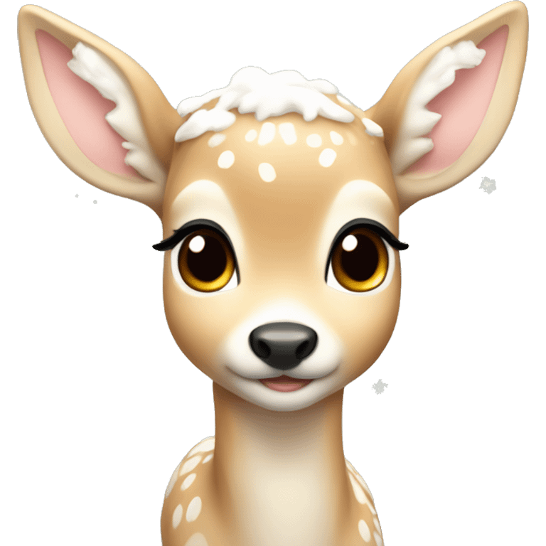 cute light colored fawn with snow on it with blush emoji