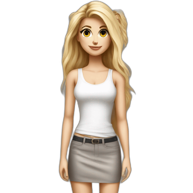 hyperrealist caucasian long blonde hair brown eyes woman white low cut tank top gray tight mini skirt black high heels full body emoji