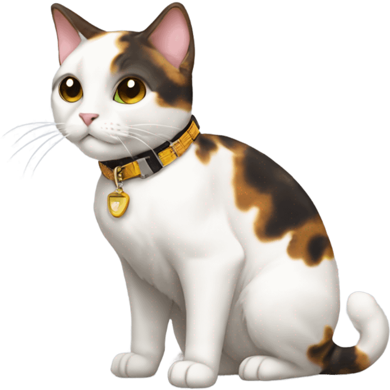 tortoiseshell white cat with cat collar full body from half side perspective  emoji