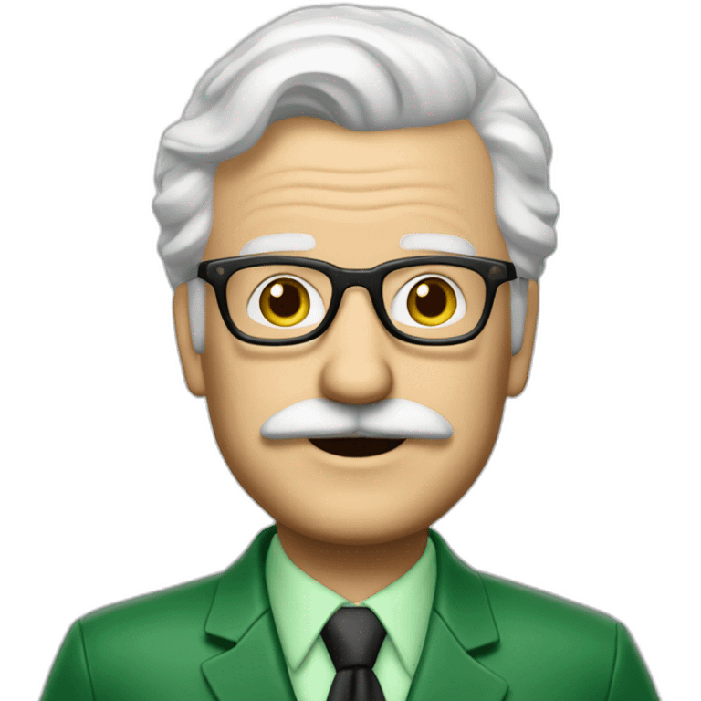 meester frank visser white hair, white mustache and glasses. Nice green suite emoji