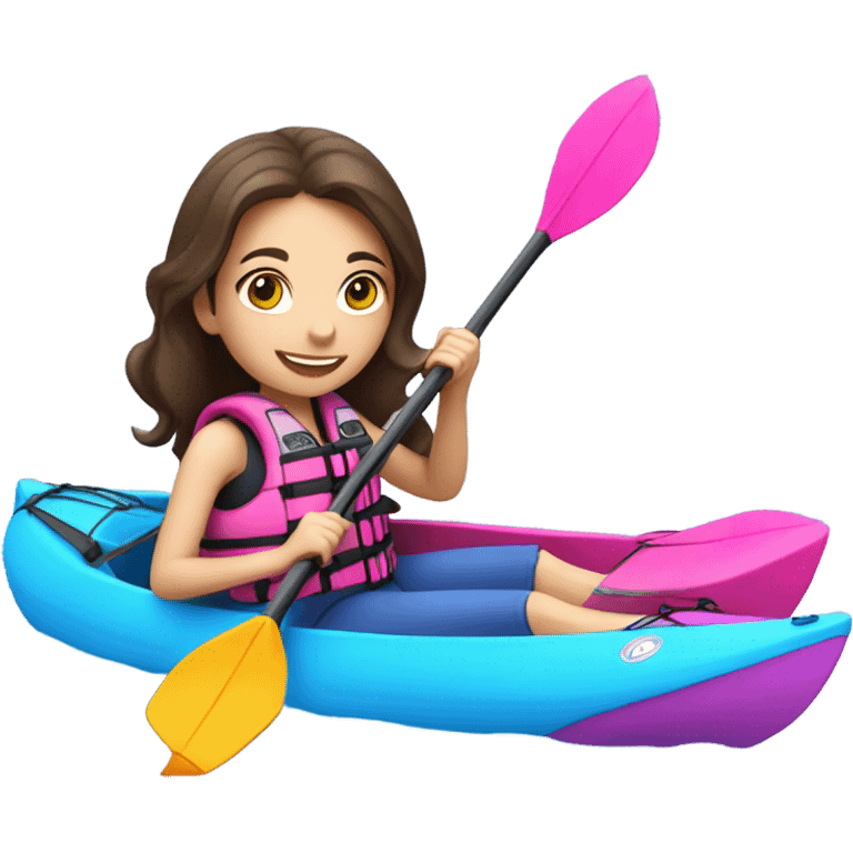 Brunette girl Kayaking with a pink life vest and a  blue kayak  emoji