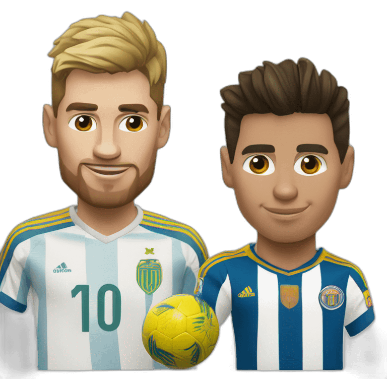 Realistic Messi wearing FC Miami football shirt and Cristiano Ronaldo wearing Al-Nassr football shirt in style of sorolla emoji