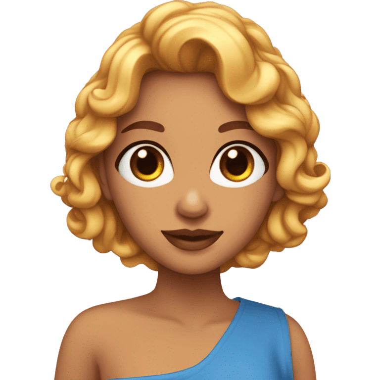 una chica guapa runia con pecas en a cara, ojos azules, pelo negro y rizado emoji