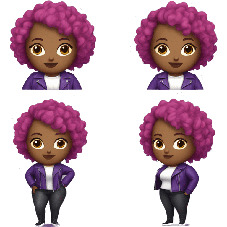 Plus size black woman with very short pink curly hair and a purple leather biker jacket with makeup on face. emoji