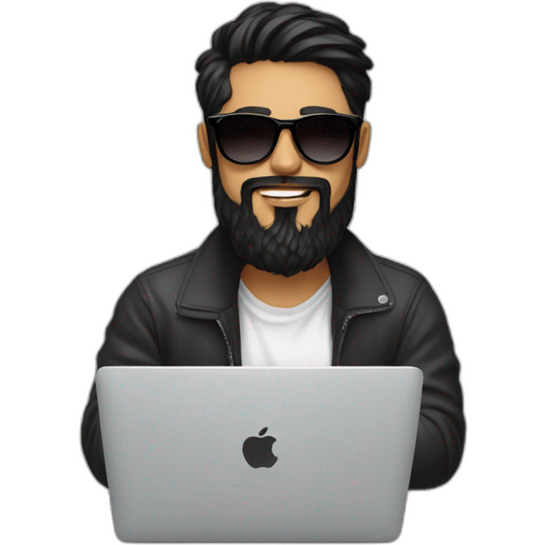 Designer with black hair, beard and round sunglasses working with MacBook and drinking cappuccino  emoji