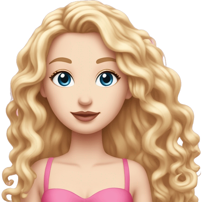 White girl 🧝🏻‍♀️, blue eyes, blond very long curly hair, pink lips, pink sexy dress. Background long emoji