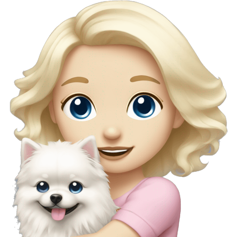 Blond girl white skin blue eyes hugging white Pomeranian with light pink bow emoji