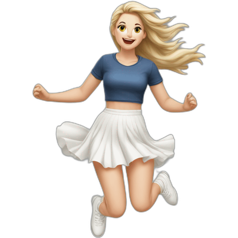 hyperrealistic-full-body-caucasian-curvy-beauty-jumping-small white-skirt-back-and-front-views-strong-wind-knickers white socks emoji