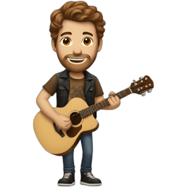 white man with brown hair with tattoos with a guitar emoji