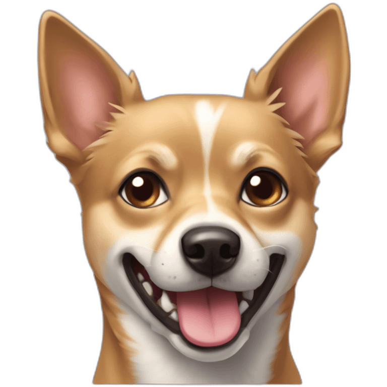 mutt dog that is mostly like a small german shephard but with larger chihuahua eyes and a large overbite with her left canine tooth a bit crooked and sticking of her mouth emoji