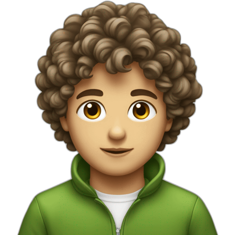 Garçon cheveux bouclés pas trop de volume avec la couleur brun et les yeux verts couleur de peau blanc emoji