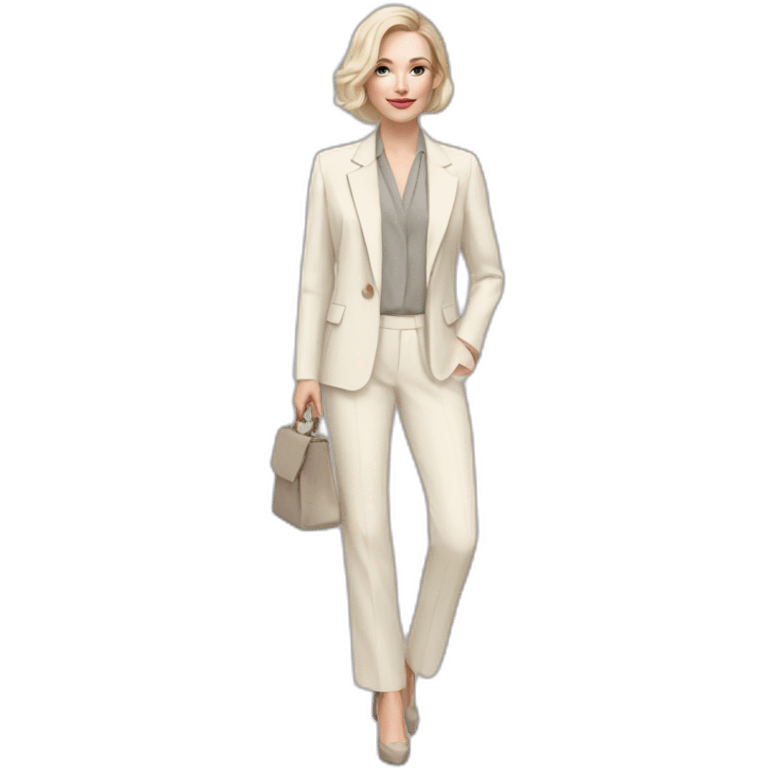 pale skin woman with ash blonde Straightened bob Hair, White Spacious classical jacket, beige palazzo Arrow pants and gray blouse holding a color palettes in the hands emoji