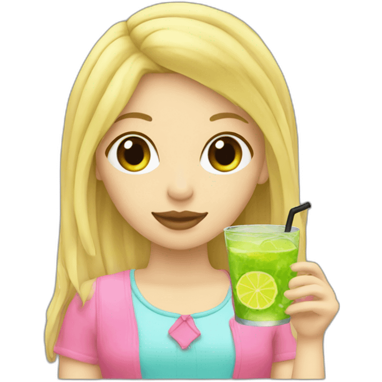 blonde girl straw drinking pink lemonade with one green lemon in the cup, with black watch emoji