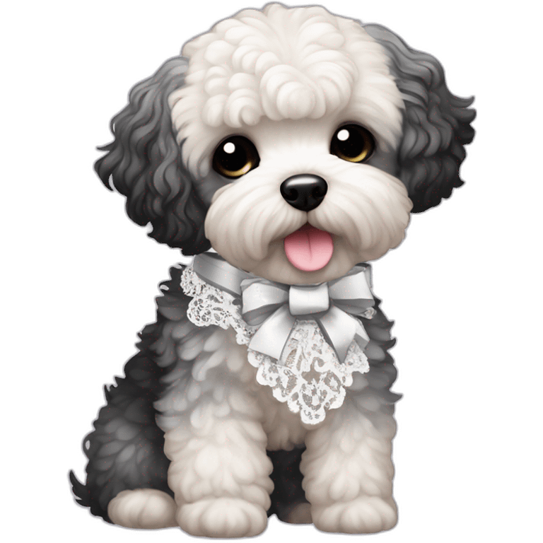 Maltipoo, black and white hair, anime style with coquette lace ribbon emoji