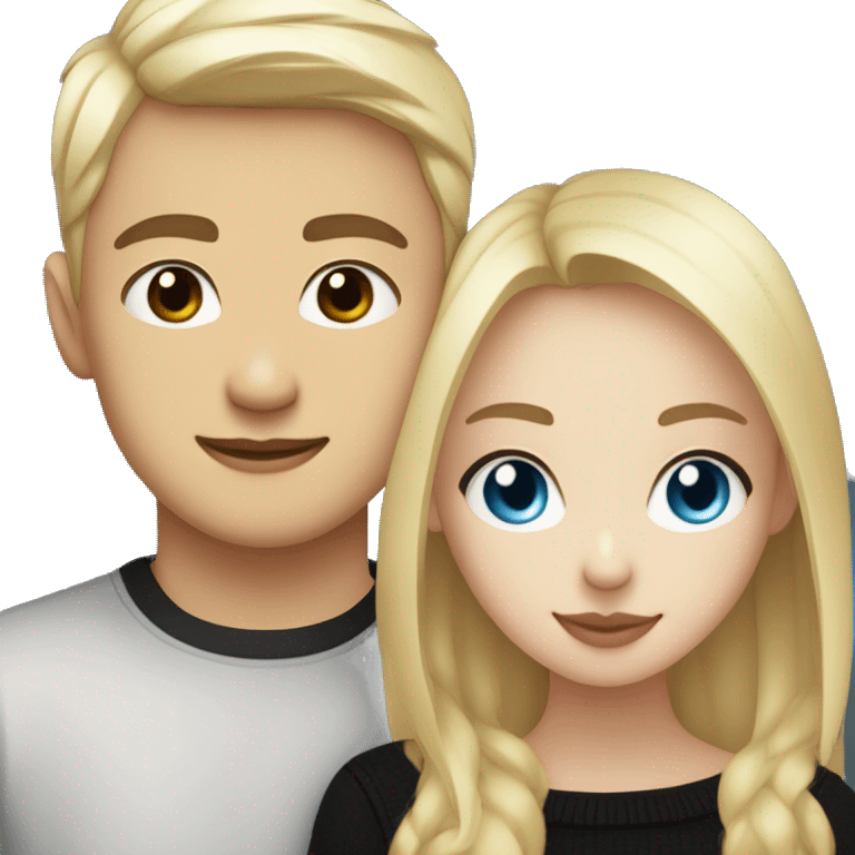 Blonde girl with blue eyes in black sweater and an east asian with light skin man with black hair and black eyes hugging emoji