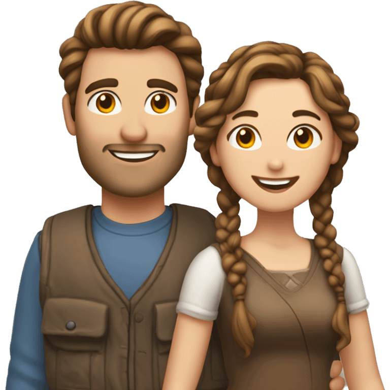 Brown haired man with his brown haired wife with a braid in her hair in love happy emoji