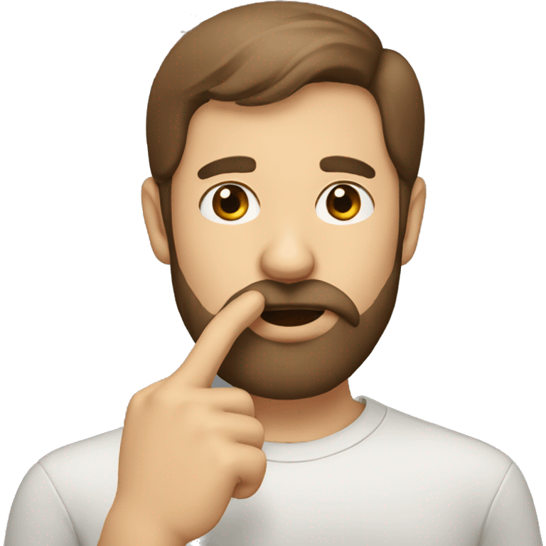 a bearded man with short brown hair, shushing with his finger emoji