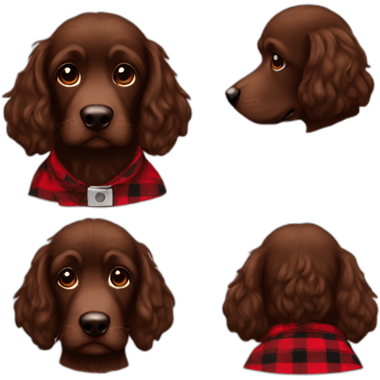 A chocolate colored doodle with a red and black flannel emoji