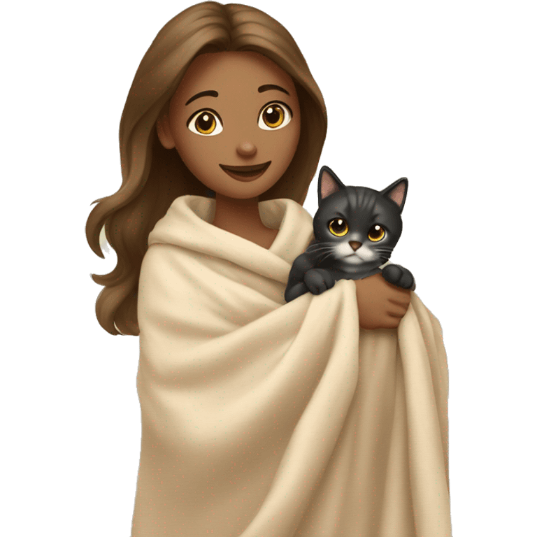 pretty woman petting cat in beige blanket emoji