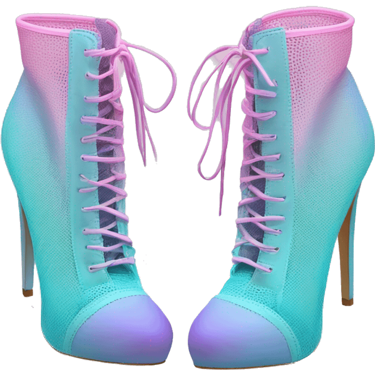 Realistic isolated front top view of a Pair of pastel teal pastel pink periwinkle and pastel purple ombre mesh high heel ankle bootie boots.  emoji