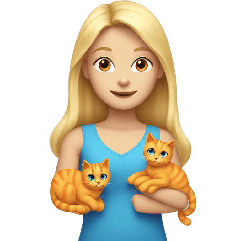 Girl with blonde hair blue eyes holds 3 Orange cats emoji