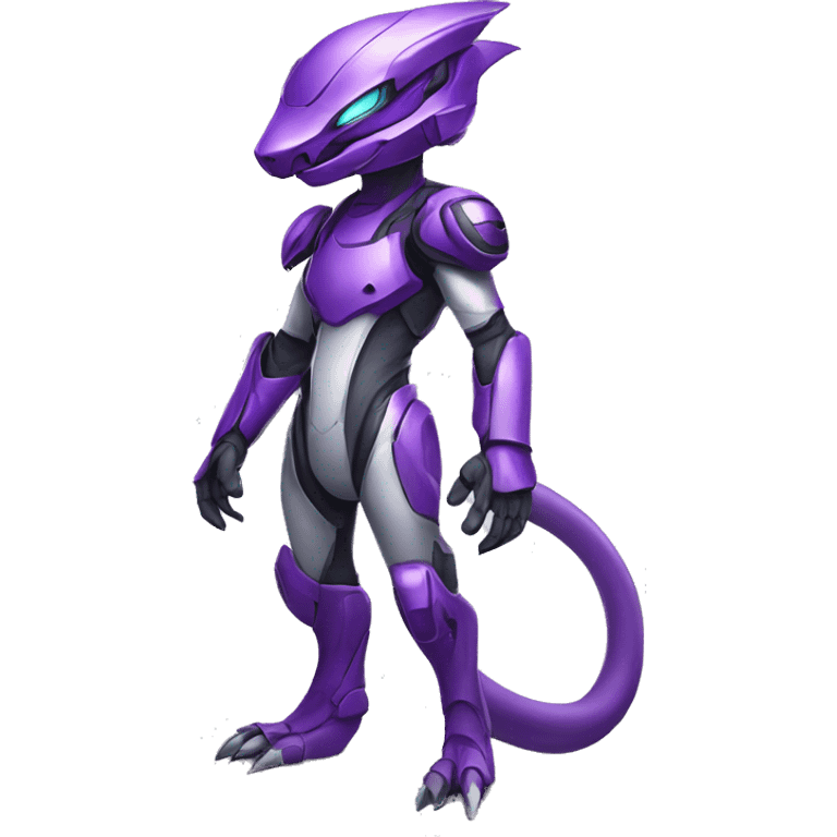 A purple Reptile-Raptor-Genesect-Mewtwo-Fakémon, with a futuristic visor-helmet, wearing a techwear-suit, Full Body emoji