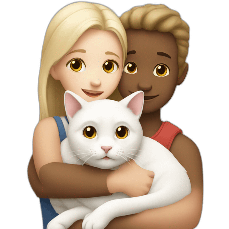 Girl and boy hugs two white cats emoji