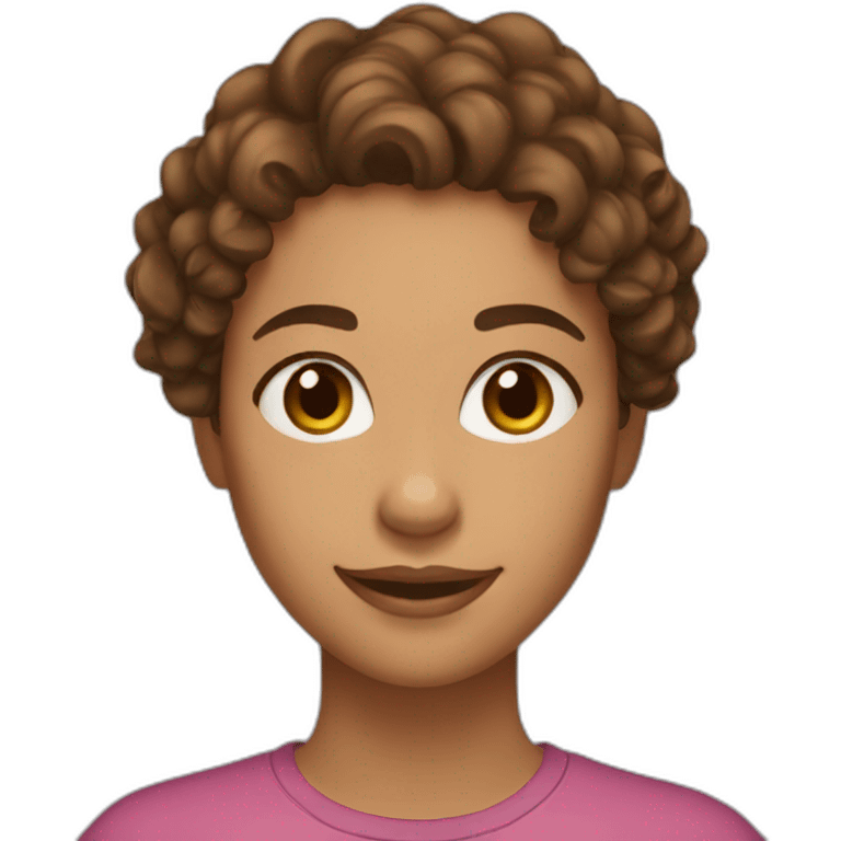 woman face, brown 2c curly hair, light brown eyes, olive skin, smiling emoji