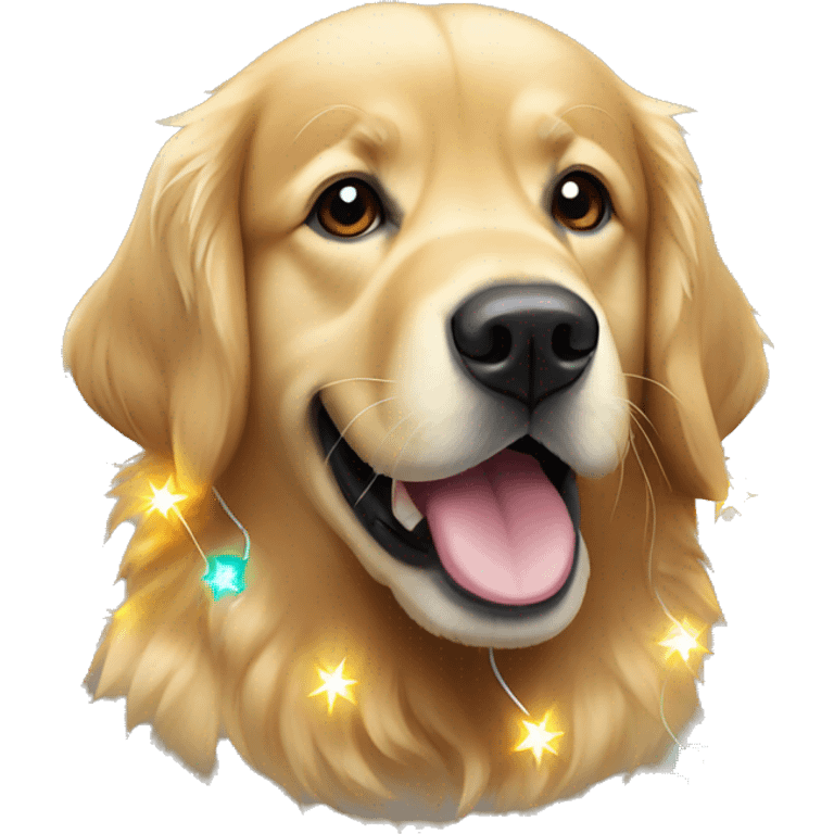 Golden retriever wrapped in Christmas lights emoji