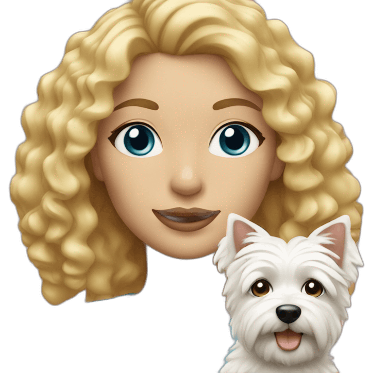 Blond woman with curly hair, blue eyes and her westie dog  emoji