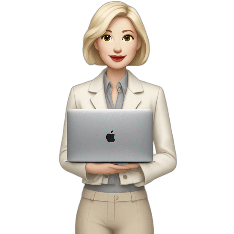 pale skin woman with ash blonde Straightened bob Hair, White Spacious classical jacket, beige palazzo Arrow pants and gray blouse holding a MacBook in the hands emoji