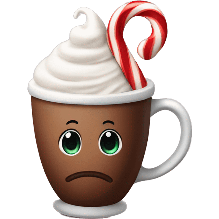 hot coco in s mug with a candy cane and whip cream emoji