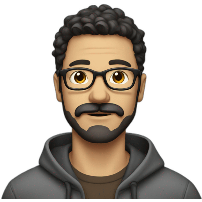 Creative Man with dark hair moustache and beard wearing a hoodie and glasses emoji