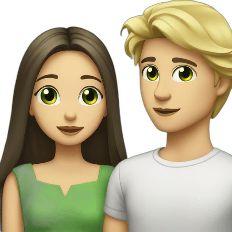 a blond boy with green eyes kisses a brunette girl with long straight hair and  green eyes on the cheek emoji