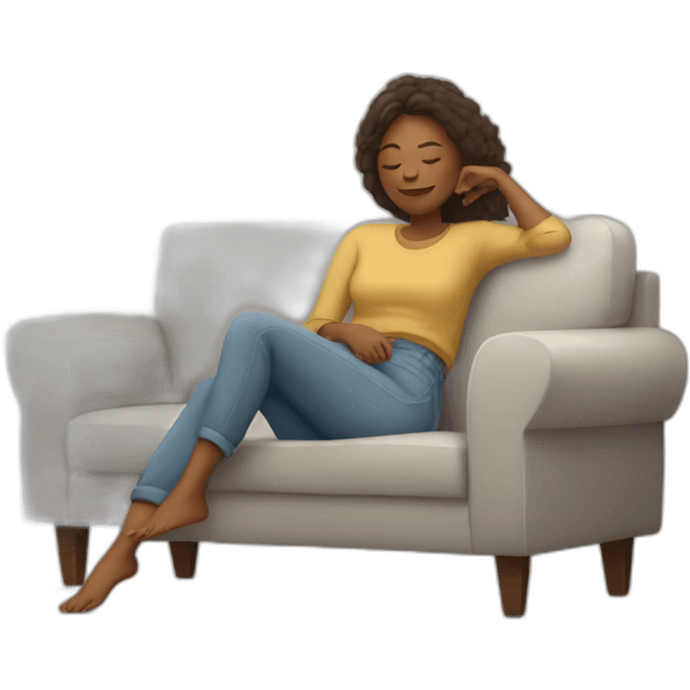 Woman on couch in comfy clothes having a lazy Sunday emoji