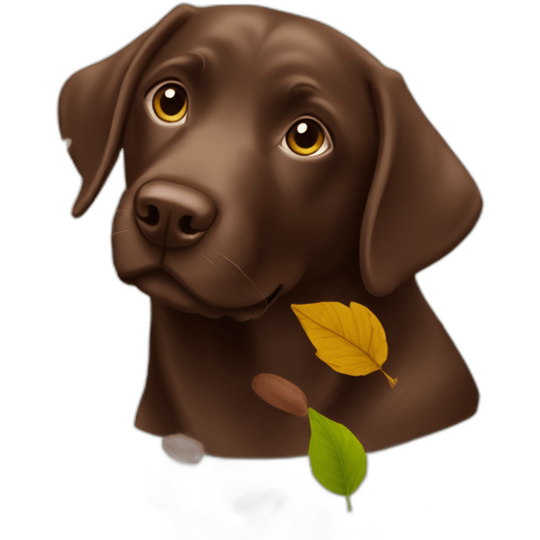 Chocolate labrador playing with leaves emoji