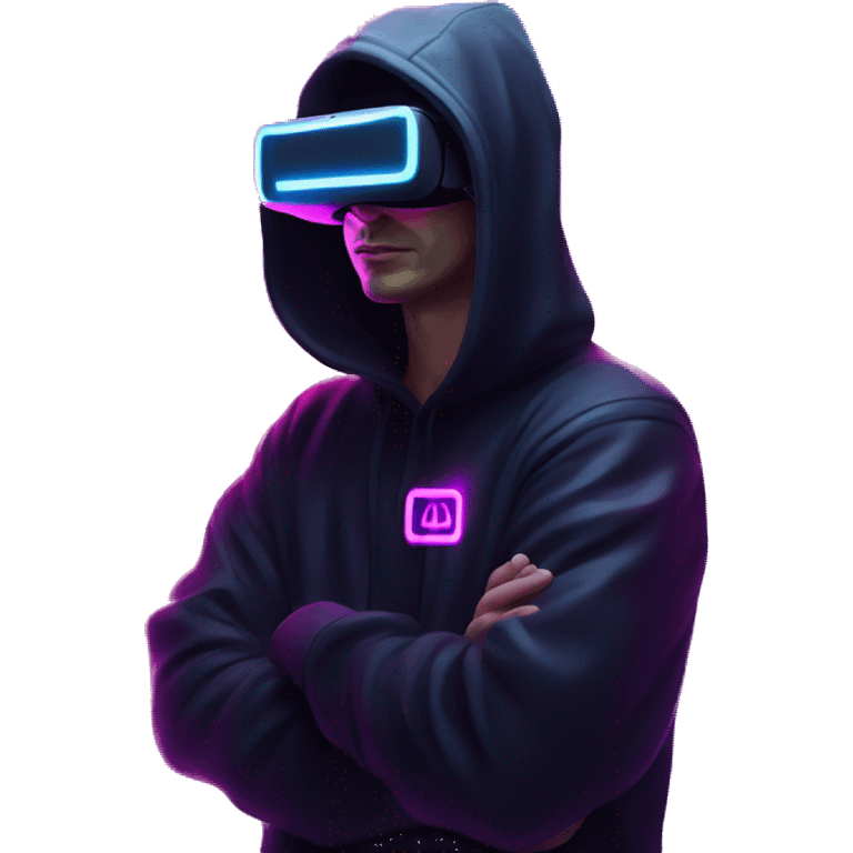 Russian man wearing a black hoodie with "OMG" letters on it and VR headset in a cyberpunk VR environment with violet neon lighting. emoji