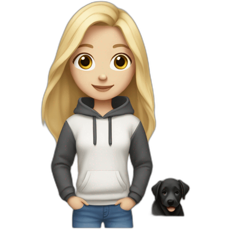 A blonde girl  with smooth hair and a ray in the middle of his hair, she has light skin a few freckles, and she wear a hoodies and she Carries in his arms a black baby labrador dog  emoji