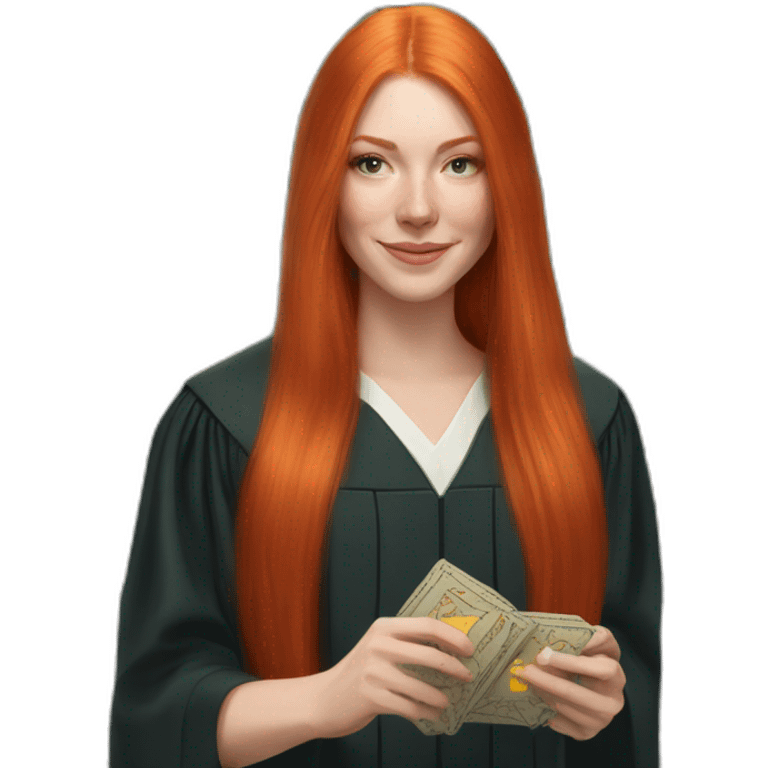 redhead white woman medium long straight hair, celebrating graduation with tarot cards emoji