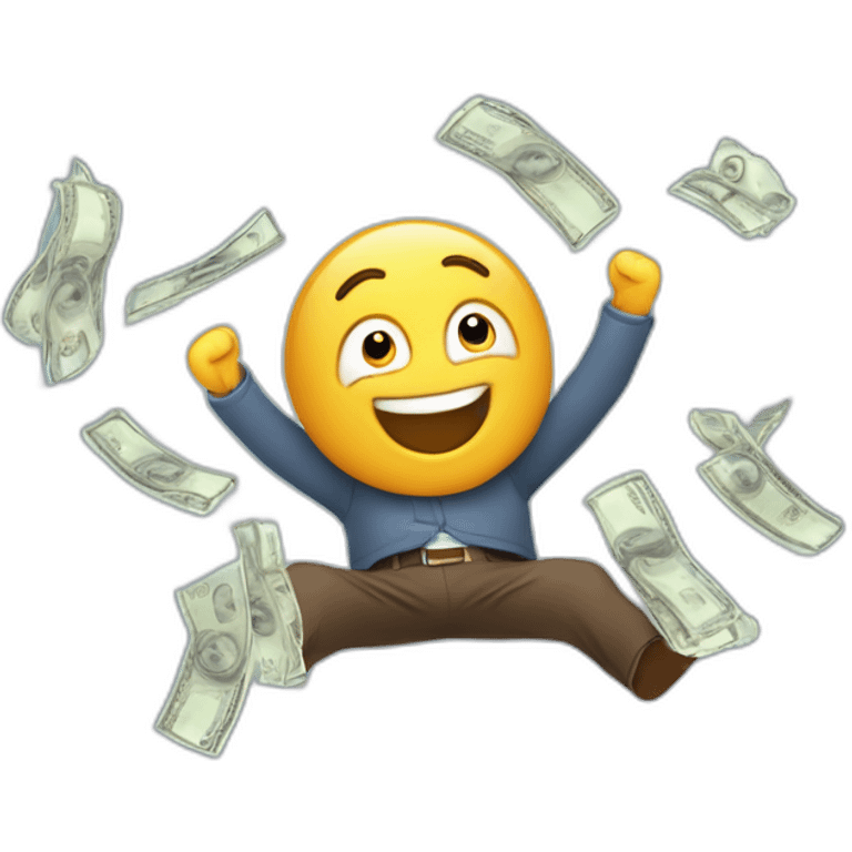 chico festejando estirando los brazos hacia arriba feliz, con billetes volando emoji