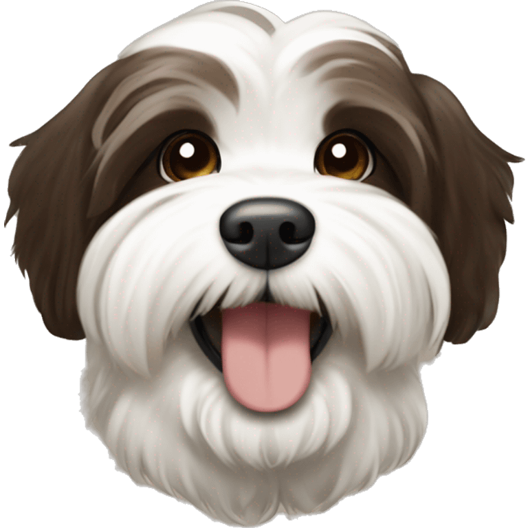 dark brown, light brown, and white havanese with an underbite (small white teeth sticking out of his mouth)  emoji