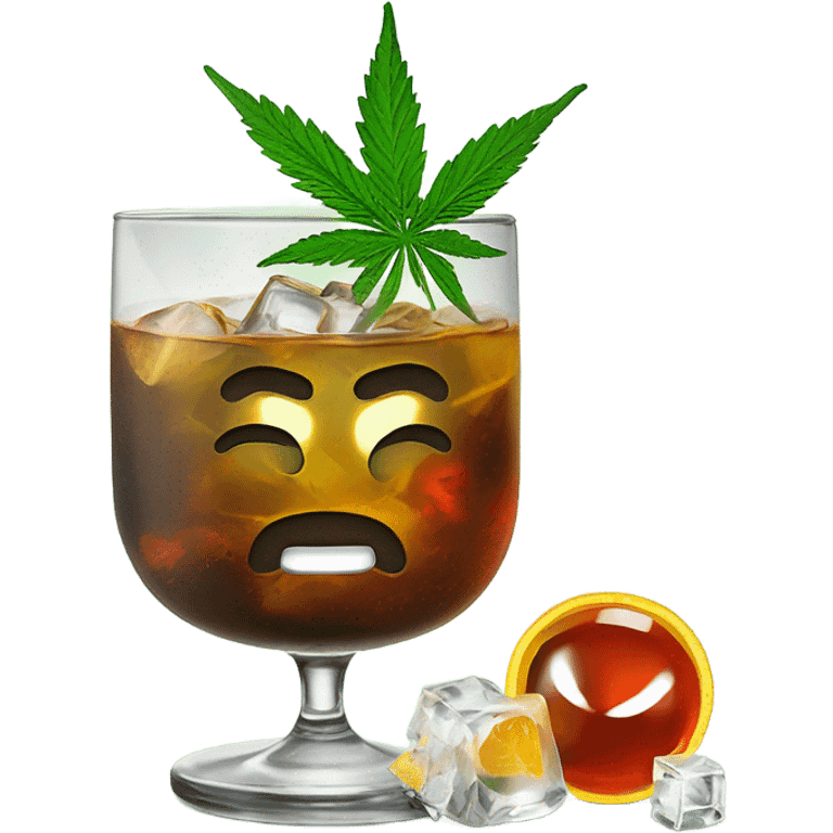 infused cocktail in rocks glass with cannabis garnish, straw and ice emoji