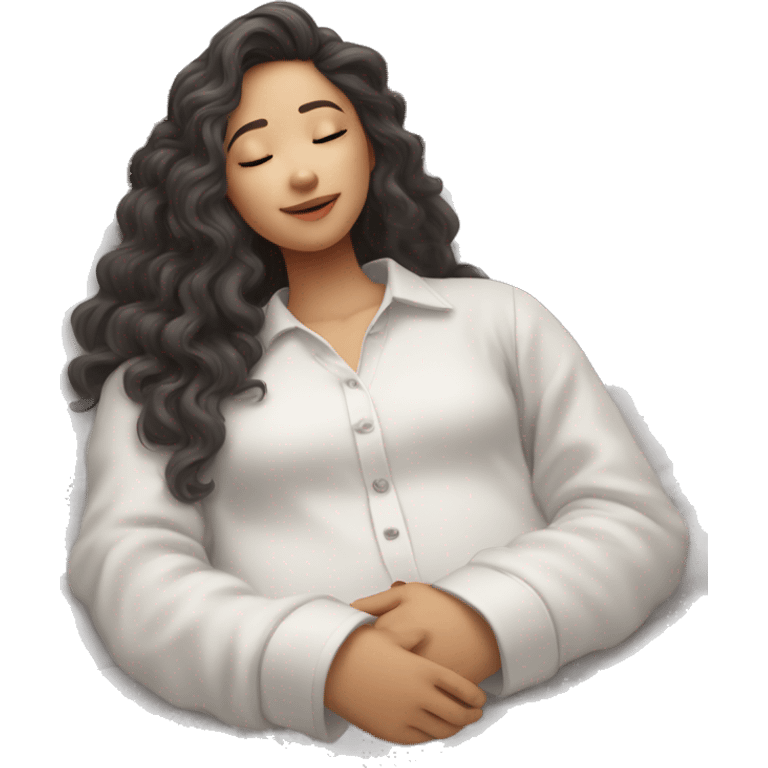 asian girl with curly long hair and white long sleeve shirt fall asleep on bed with one hand out emoji