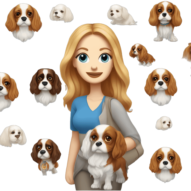 A white woman with blue eyes walks with a cavalier King Charles spaniel emoji