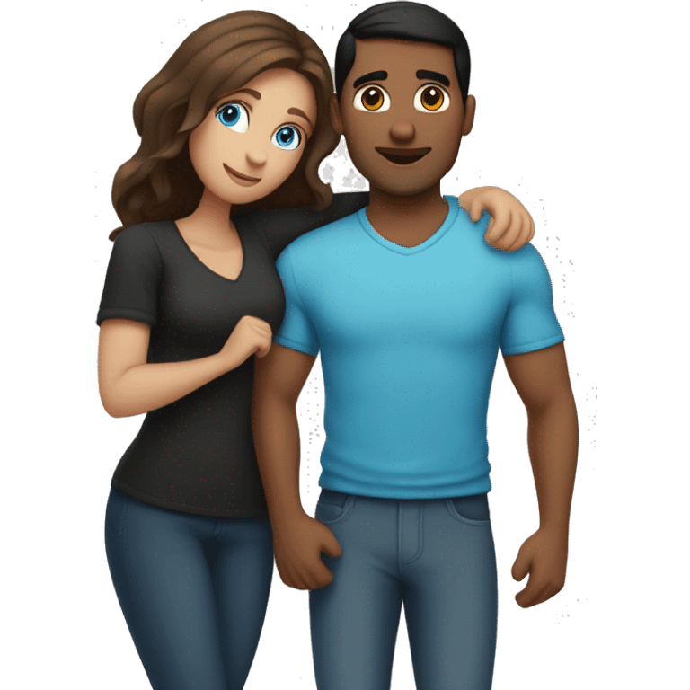 Couple embracing with arms around each other; white woman with blue eyes and brown hair, Indian man with black hair  emoji