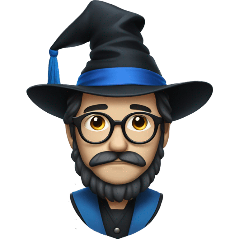 man with white skin, black longer hair, mustache, glasses, with a magic hat, ravenclaw emoji