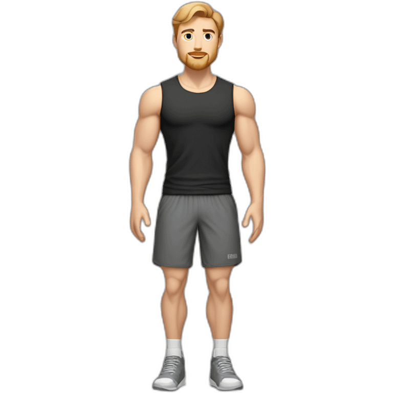 Full height Pale skinned fit man With biceps, Realistic eyes and mouth, light brown hair and stubble In dark gray sleeveless mike, black oversize sports shorts, watch and white sneakers. emoji