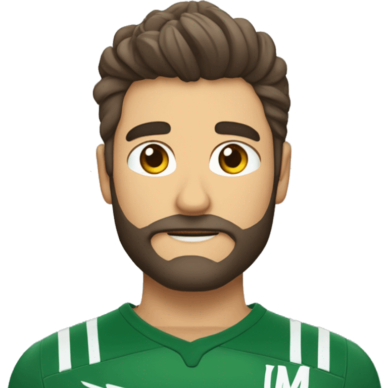 Um homem moreno de estatura alta, com cabelo repartido de lado, barba rala por fazer, magro e atlético com postura de vencedor e mentor de sucesso.  emoji