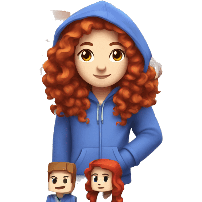 a white girl with long red curly hair, wearing periwinkle Minecraft hoodie playing a videogame emoji