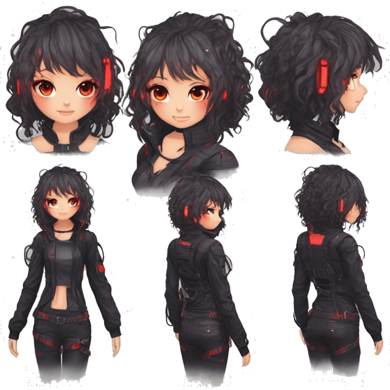 Gorgeous futuristic glowing techwear anime style lady with blushing face aesthetic and pretty edgy black red punk messy wild cute hair with collar and harness trending style emoji